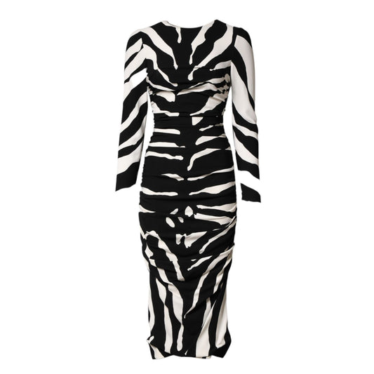 Dolce & Gabbana Black White Zebra Viscose Sheath Midi Dress 1728,67345645728,Black and White,Clothing,Cocktail - Dresses - Clothing,Dolce & Gabbana,Dresses - Clothing,IT36|XXS,IT38 | XS,IT40|S,Longsleeve - Dresses - Clothing,Material: 05+95%VI,Midi - Dres