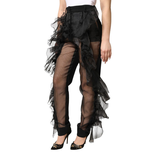 Dolce & Gabbana Black High Waist Tulle Wool Trouser Pants