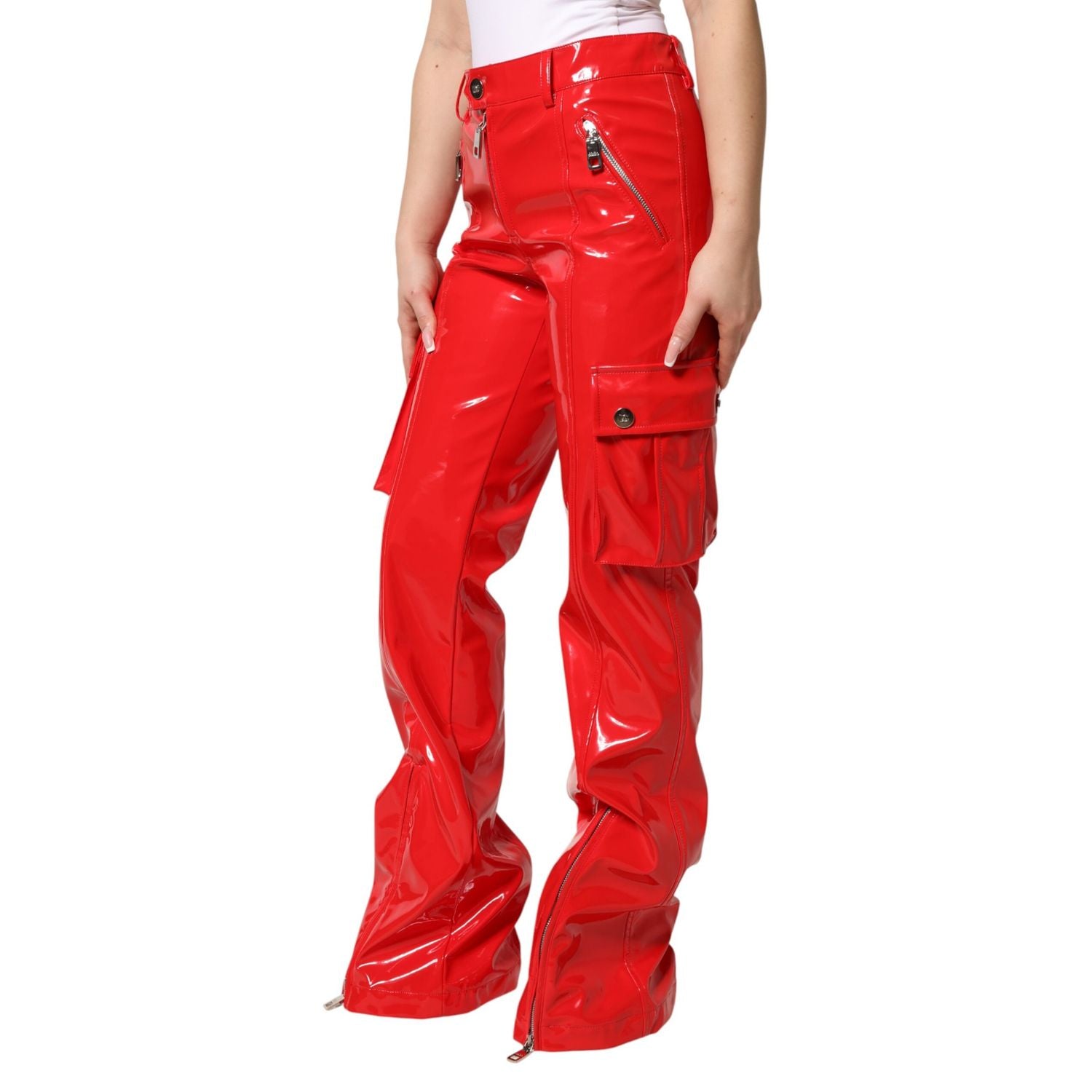 Dolce & Gabbana Red Glossy Polyester Cargo Boot Cut Pants