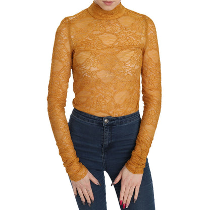 Mangano Mustard Turtle Neck Long Sleeve Lace Top Blouse