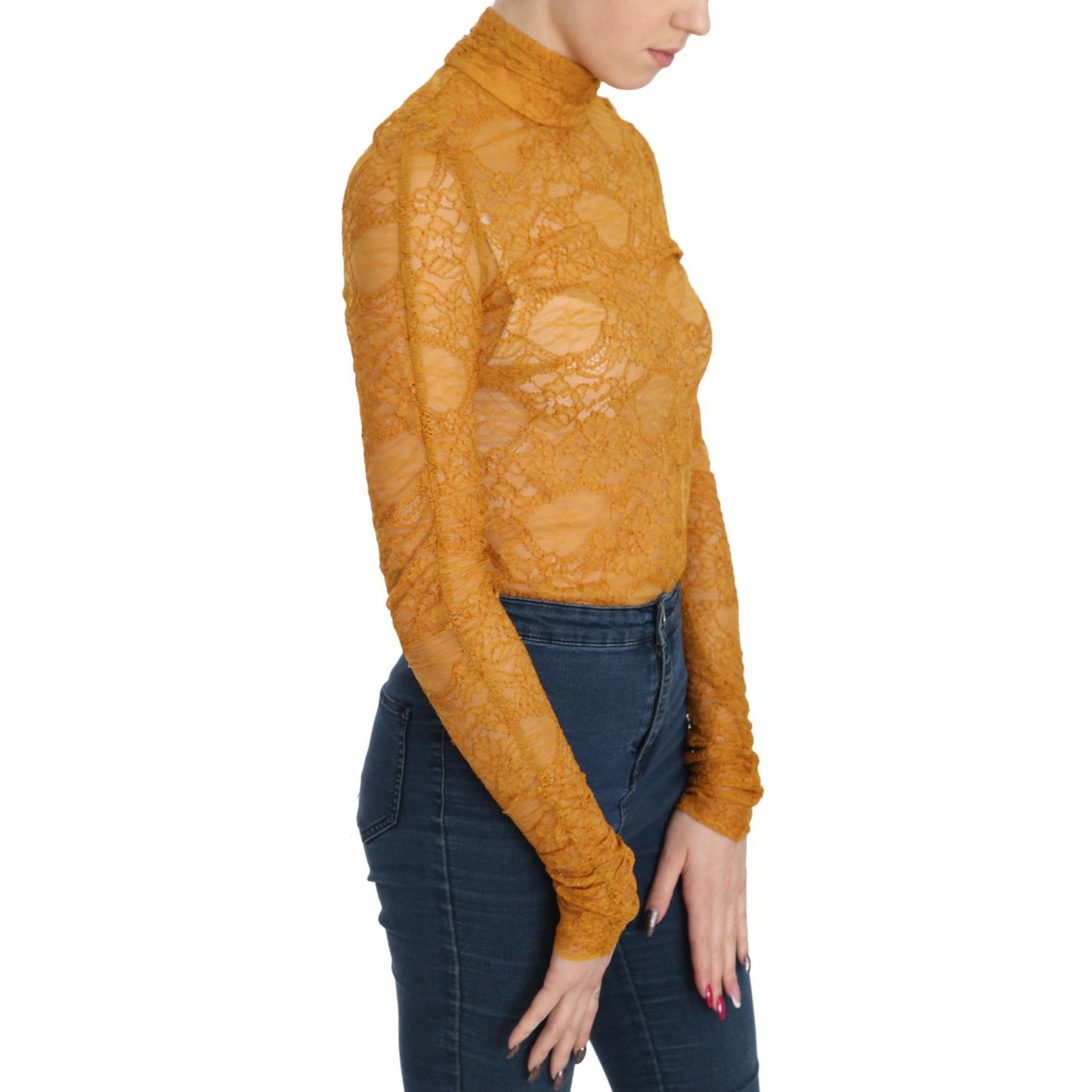 Mangano Mustard Turtle Neck Long Sleeve Lace Top Blouse