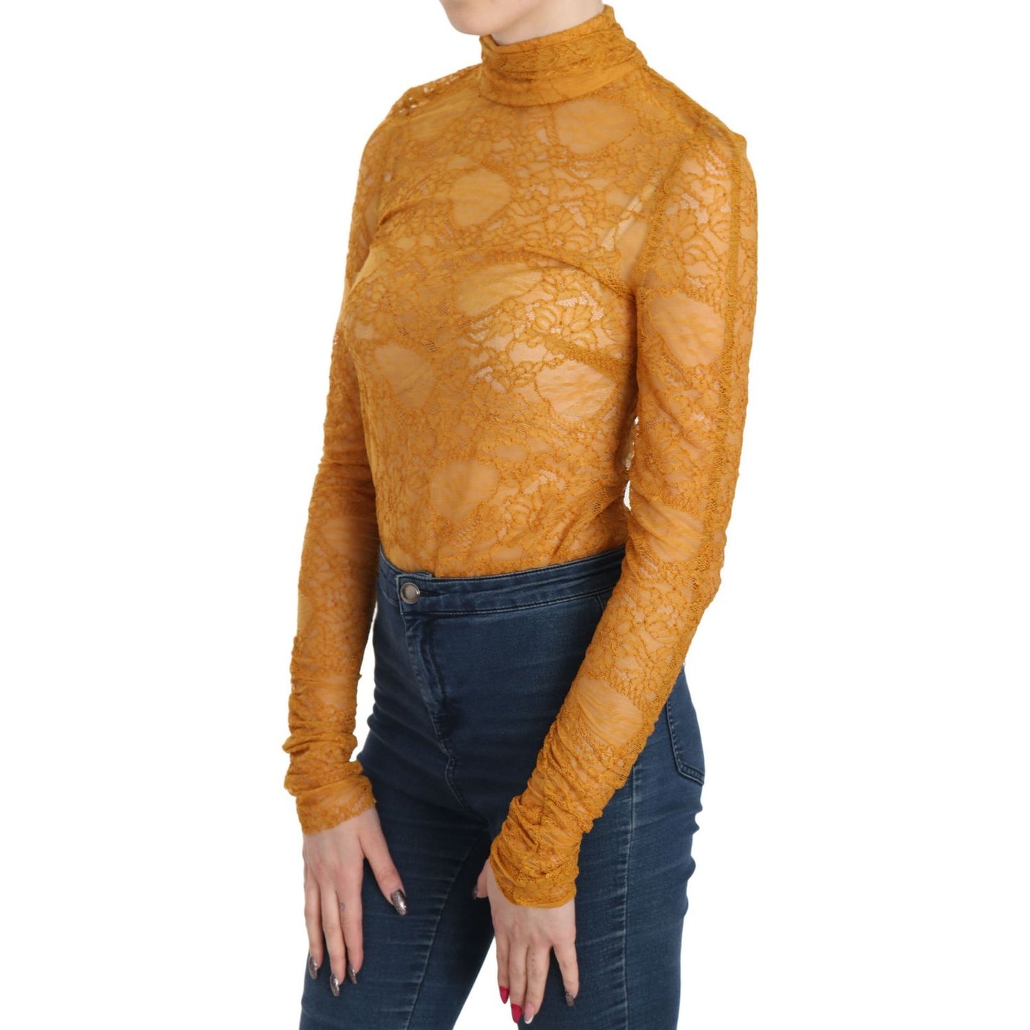 Mangano Mustard Turtle Neck Long Sleeve Lace Top Blouse