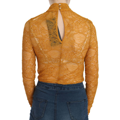 Mangano Mustard Turtle Neck Long Sleeve Lace Top Blouse