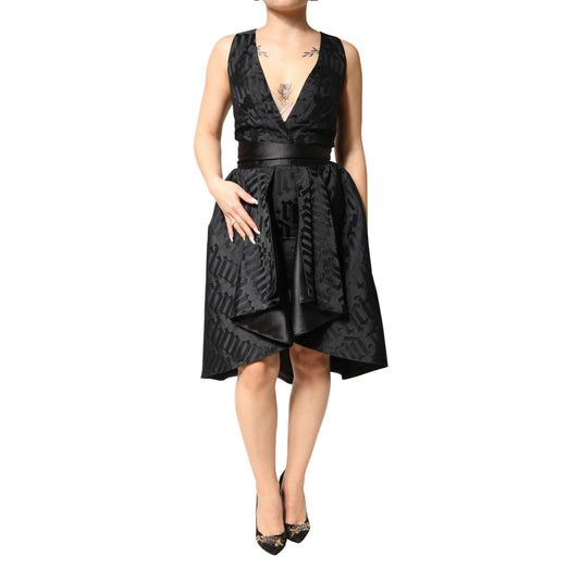John Richmond Black Jacquard Deep V-neck Sleeveless 2 Pc Dress