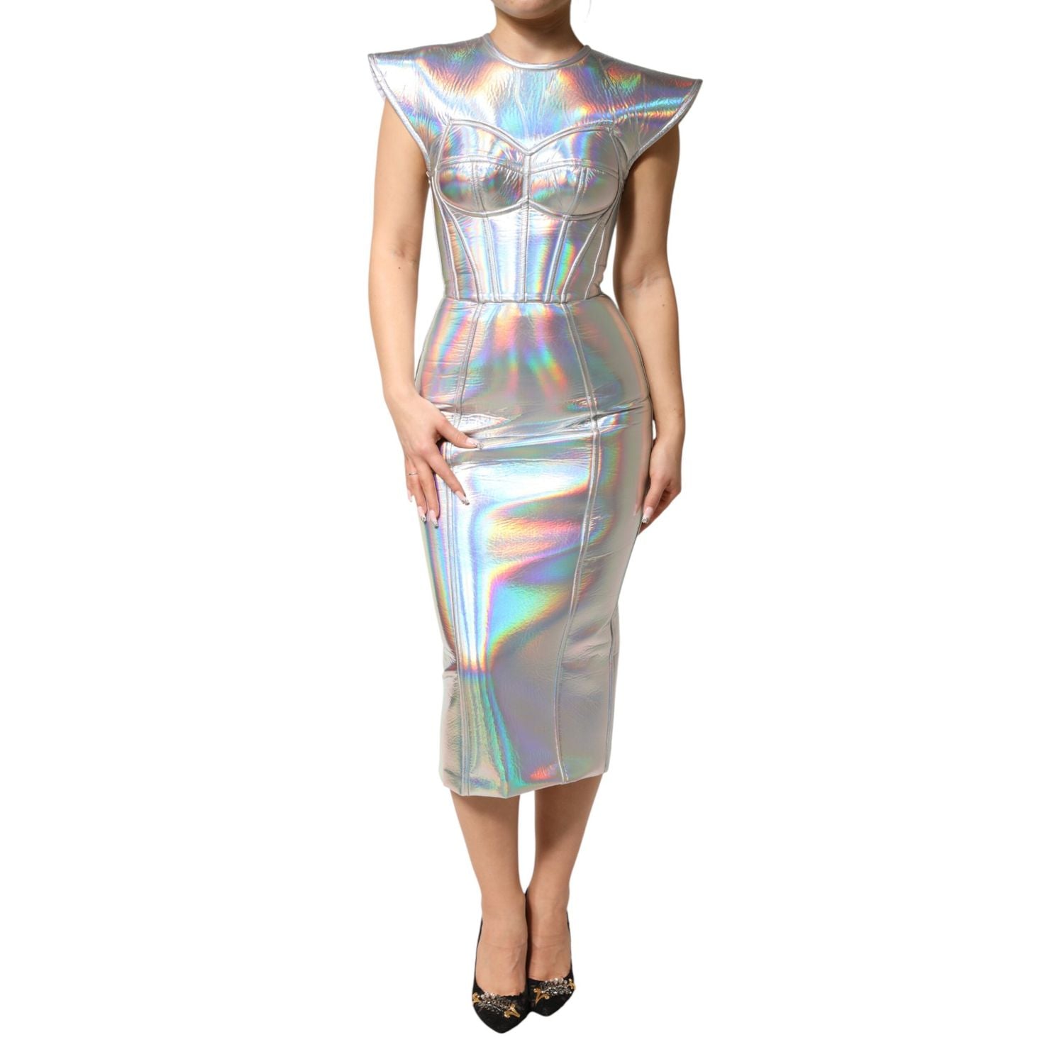 Dolce & Gabbana Silver Iridescent Bodycon Sheath Midi Dress