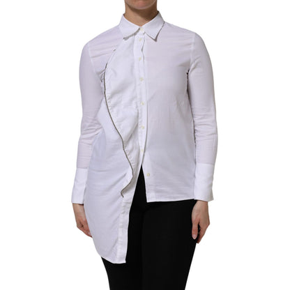 AGLINI White Cotton Collared Long Sleeves Ruffle Top Shirt AGLINI