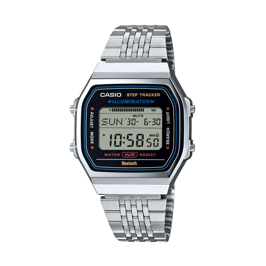 CASIO VINTAGE Mod. SILVER -BLUETOOTH® SMARTPHONE LINK w. built-in accelerometer senses body movements + steps counter WATCHES