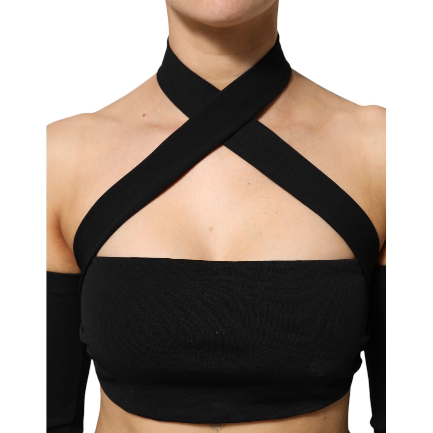 Dolce & Gabbana Black Viscose Halter Off Shoulder Cropped Top