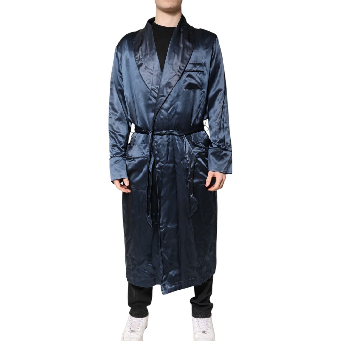Dolce & Gabbana Blue Solid Silk Men Wrap Robe Coat Jacket 1728,67345645728,Blue,Clothing,Dolce & Gabbana,IT46 | S,Jackets - Men - Clothing,Material: 100% Silk,Men,Men - Clothing,Preowned / Defect,Robes - Sleepwear - Clothing,Sleepwear - Clothing