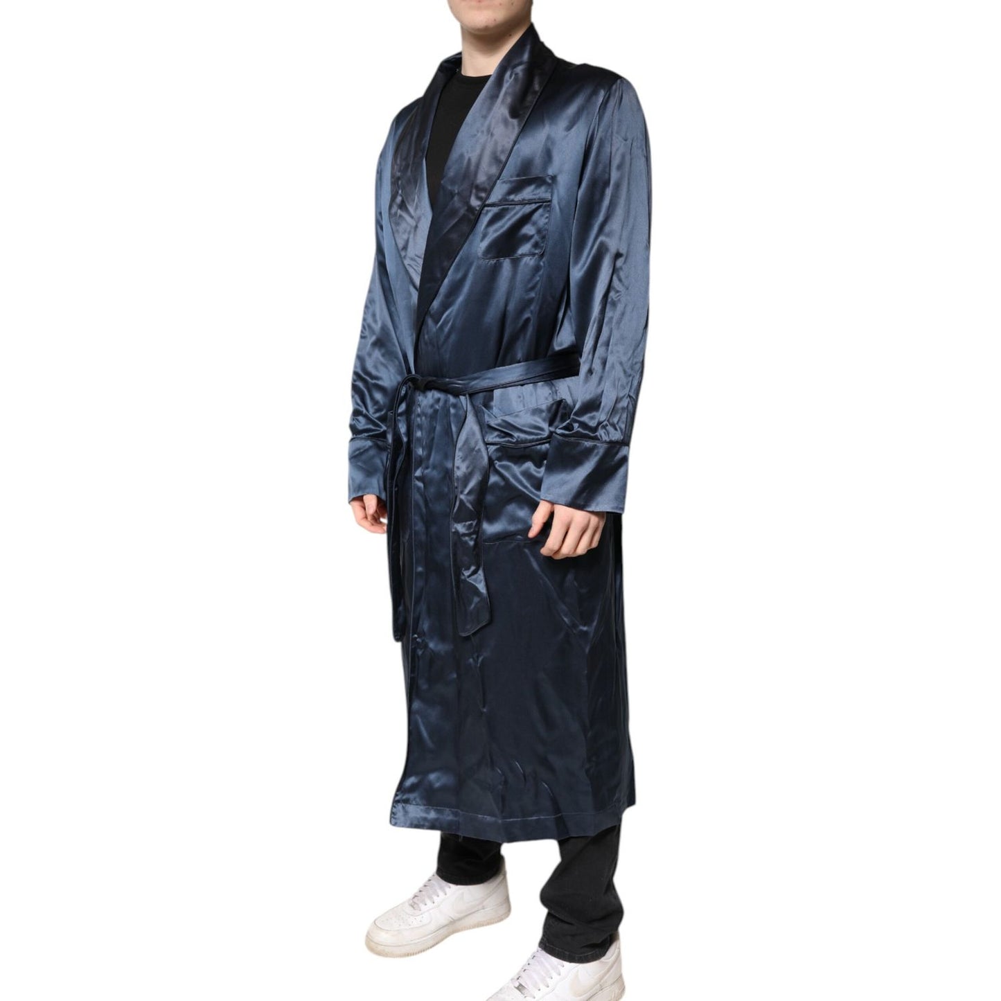 Dolce & Gabbana Blue Solid Silk Men Wrap Robe Coat Jacket 1728,67345645728,Blue,Clothing,Dolce & Gabbana,IT46 | S,Jackets - Men - Clothing,Material: 100% Silk,Men,Men - Clothing,Preowned / Defect,Robes - Sleepwear - Clothing,Sleepwear - Clothing