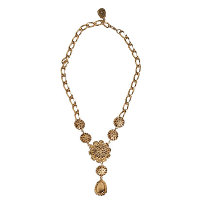Dolce & Gabbana Gold Brass Floral Crystals Pearl Embellished Necklace