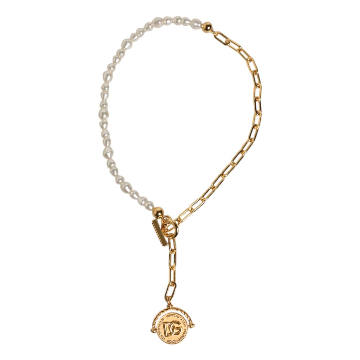 Dolce & Gabbana Gold Chain Brass Faux Pearl Charm Logo Pendant Necklace