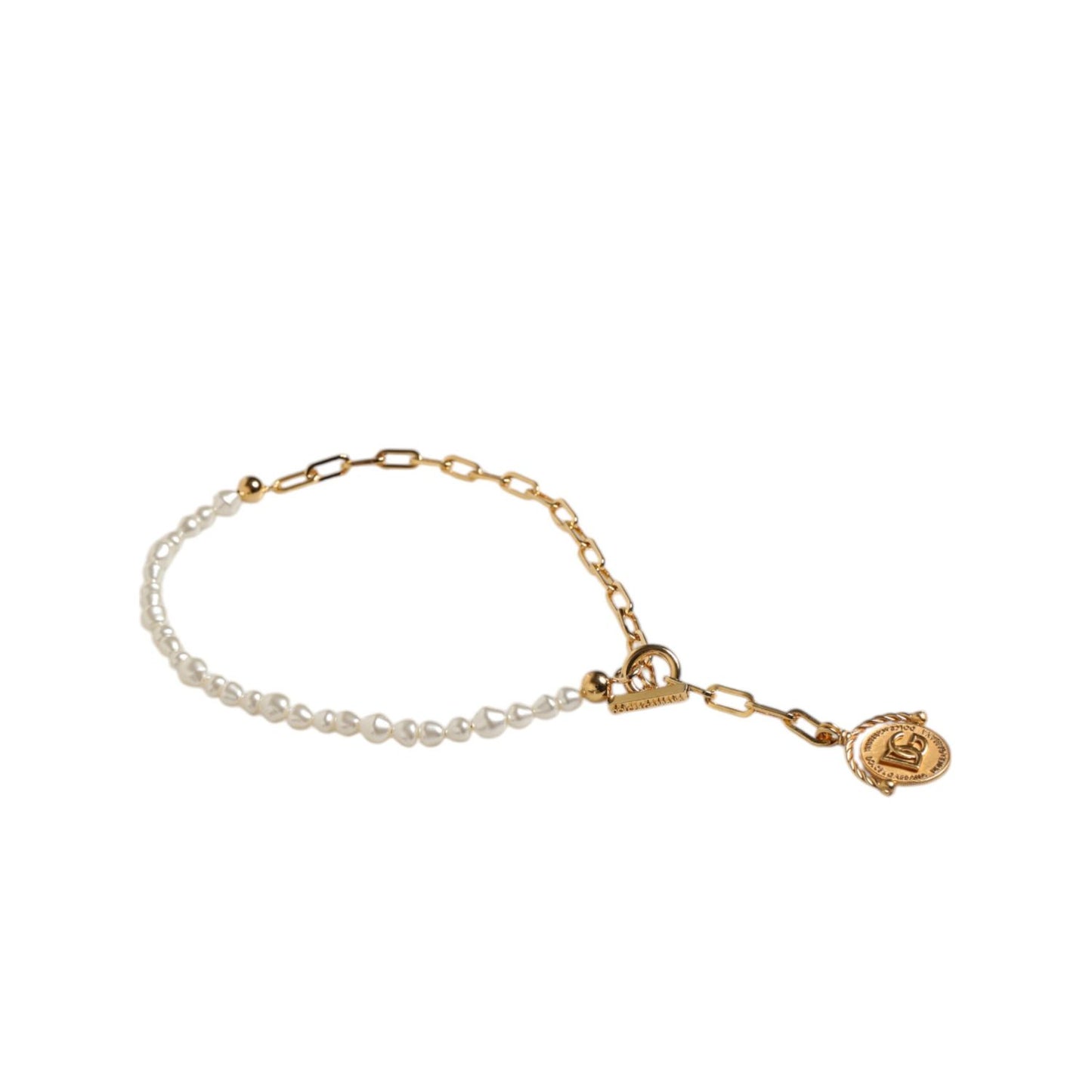 Dolce & Gabbana Gold Chain Brass Faux Pearl Charm Logo Pendant Necklace