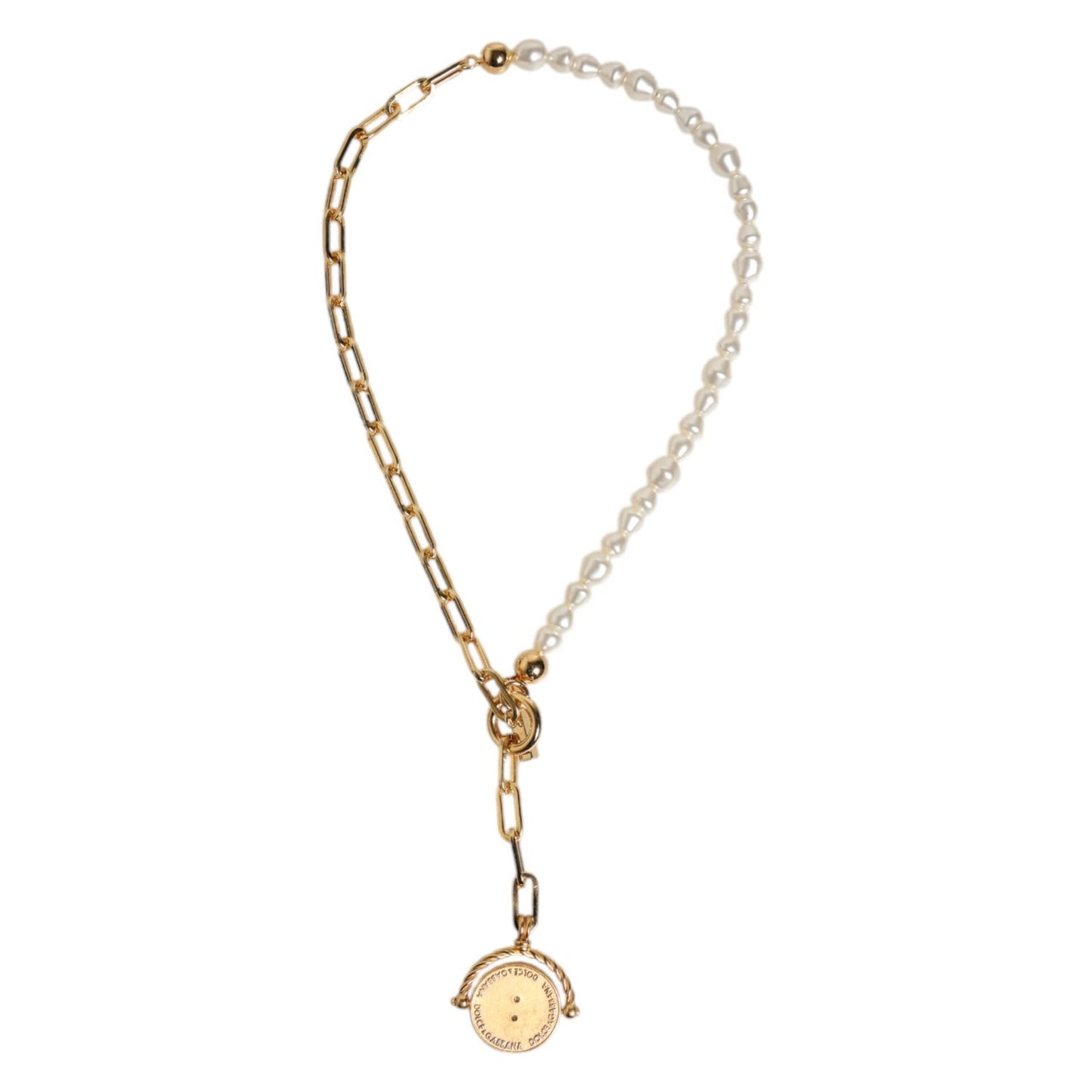 Dolce & Gabbana Gold Chain Brass Faux Pearl Charm Logo Pendant Necklace