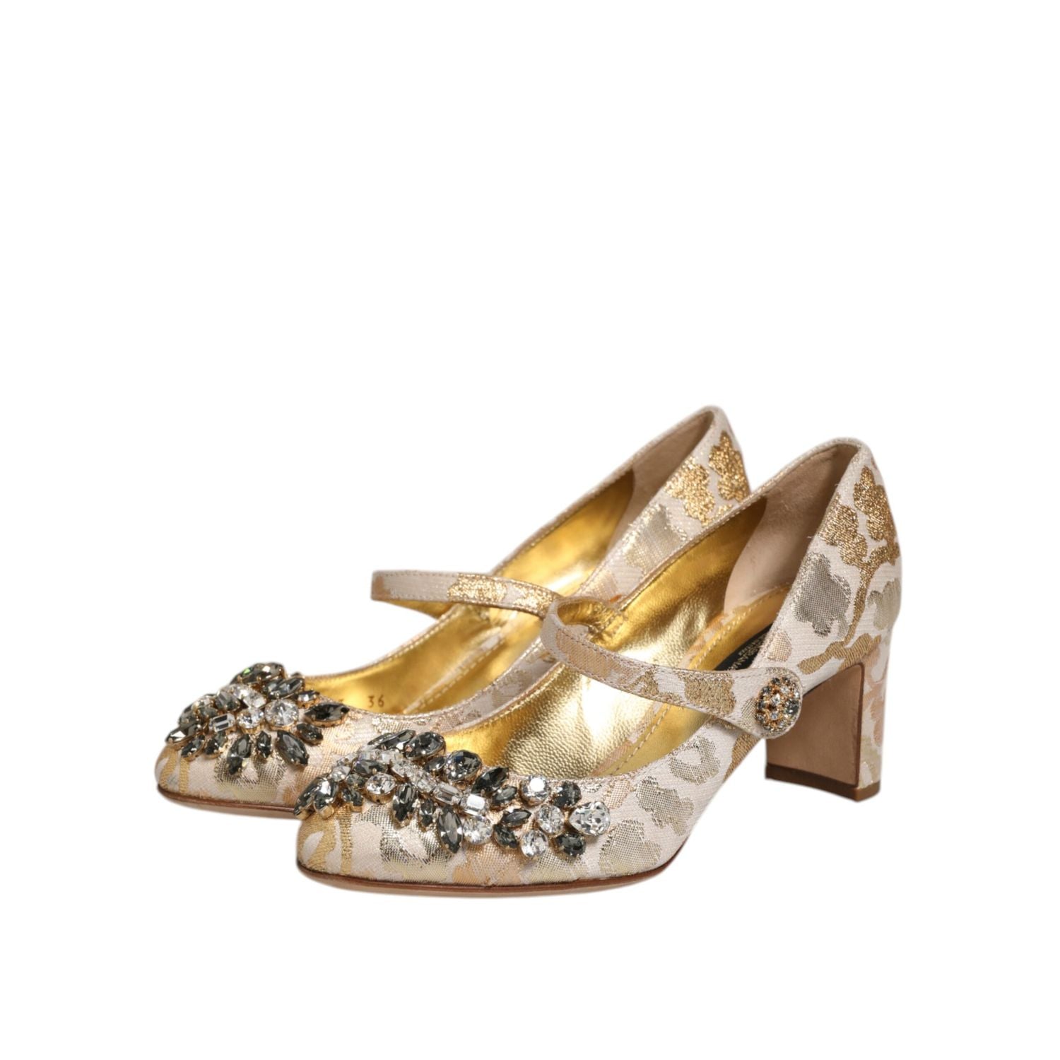 Dolce & Gabbana Gold Jacquard Crystal Mary Janes Pumps Shoes