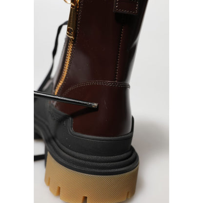 Dolce & Gabbana Maroon Leather Mid Calf Biker Boots Shoes Dolce & Gabbana