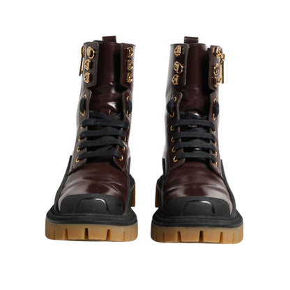 Dolce & Gabbana Maroon Leather Mid Calf Biker Boots Shoes Dolce & Gabbana