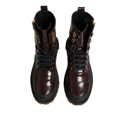 Dolce & Gabbana Maroon Leather Mid Calf Biker Boots Shoes Dolce & Gabbana