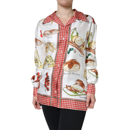 Dolce & Gabbana Multicolor Bread Print Collared Blouse Top 1728,67345645728,Blouses - Shirts - Clothing,Clothing,Dolce & Gabbana,IT44 | L,Material: 100% Silk,Multicolor,Preowned / Defect,Shirts - Clothing,Tops & T-Shirts - Women - Clothing,Women
