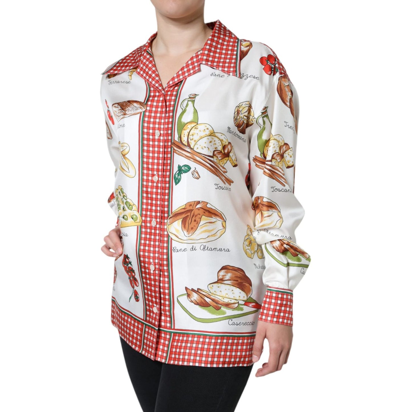 Dolce & Gabbana Multicolor Bread Print Collared Blouse Top 1728,67345645728,Blouses - Shirts - Clothing,Clothing,Dolce & Gabbana,IT44 | L,Material: 100% Silk,Multicolor,Preowned / Defect,Shirts - Clothing,Tops & T-Shirts - Women - Clothing,Women