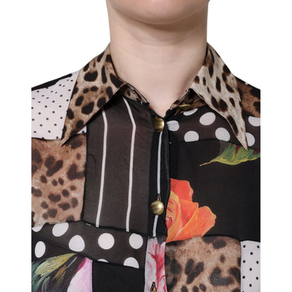 Dolce & Gabbana Multicolor Patchwork Silk Collared Blouse Top 1728,67345645728,Clothing,Dolce & Gabbana,IT40|S,Long Sleeve - T-Shirts - Clothing,Material: 95% Silk 5% Elastane,Multicolor,Preowned / Defect,T-Shirts - Clothing,Tops & T-Shirts - Women - Clot