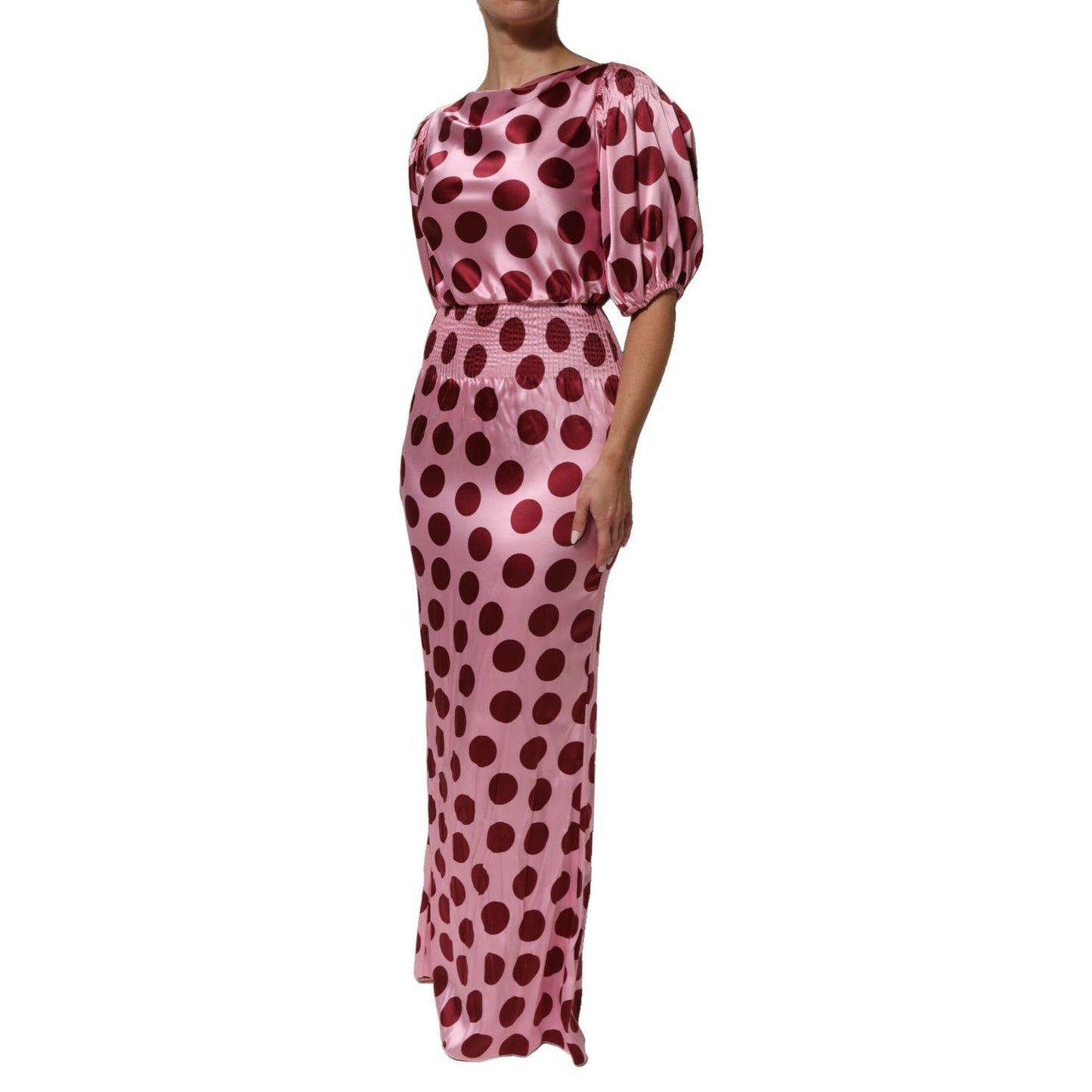 Dolce & Gabbana Pink Red Polka Dot Silk Satin Maxi Gown Dress