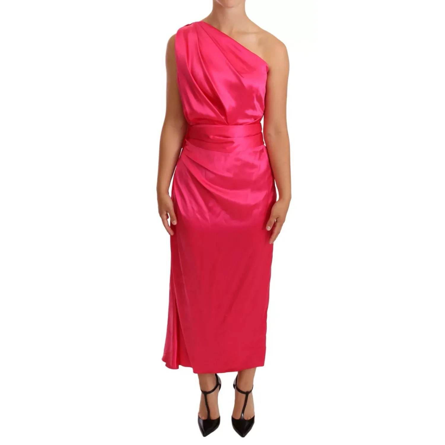 Dolce & Gabbana Pink Sheath Silk Bow Open Shoulder Dress