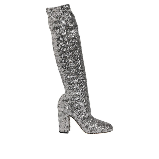 Dolce & Gabbana Silver Sequins Glitter High Heel Boot Shoes