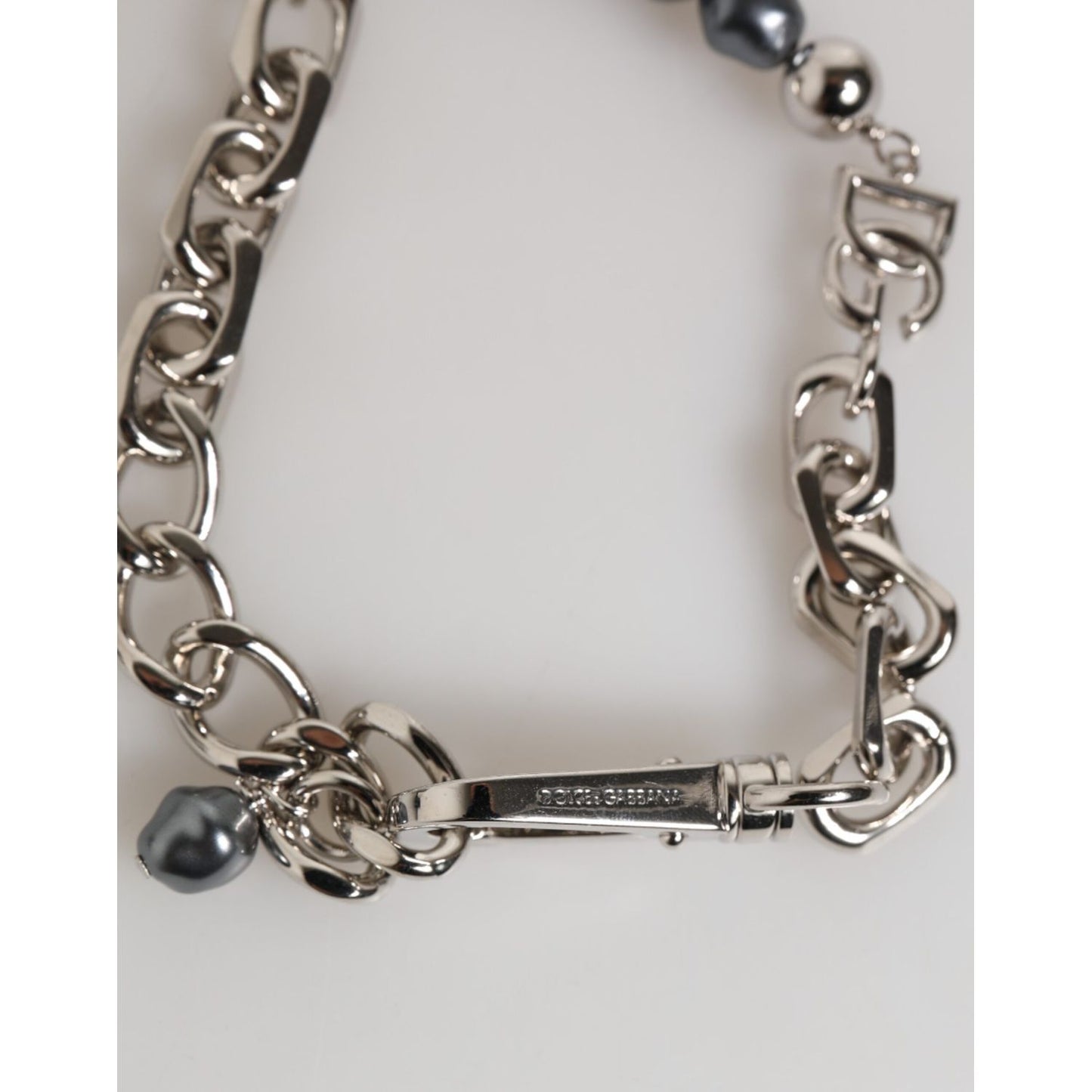 Dolce & Gabbana Silver Tone Chain Lobster Clasp Logo Gray Pearls Bracelet