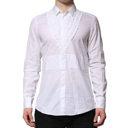 Dolce & Gabbana White Cotton Ruffled Detailing Formal Shirt