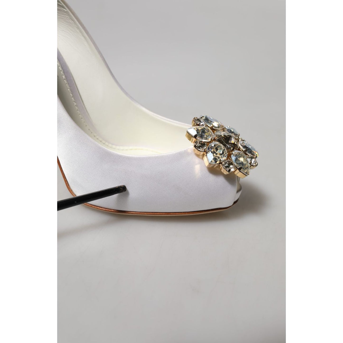 Dolce & Gabbana White Crystals Peep Toe Satin Pumps Shoes Dolce & Gabbana