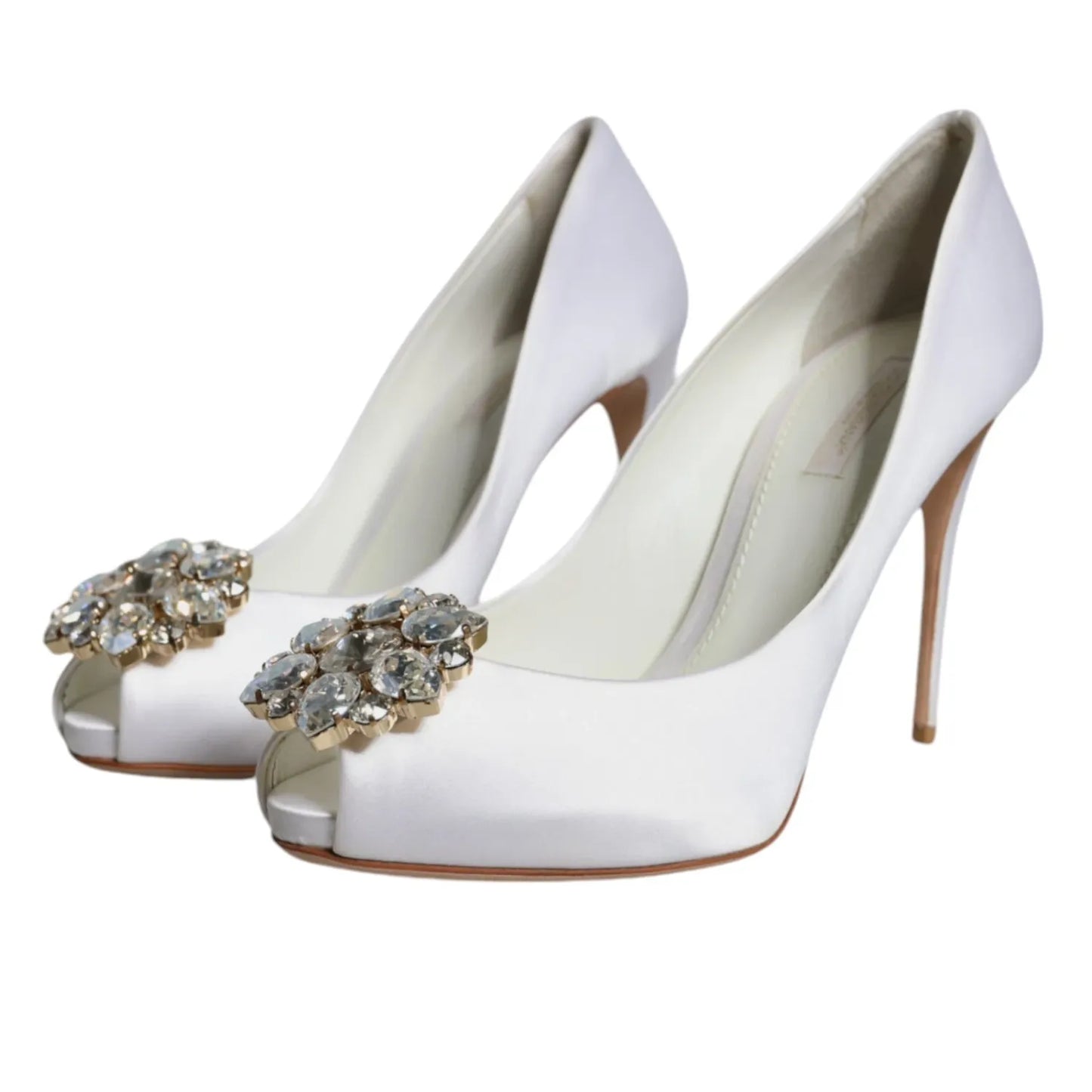 Dolce & Gabbana White Crystals Peep Toe Satin Pumps Shoes Dolce & Gabbana