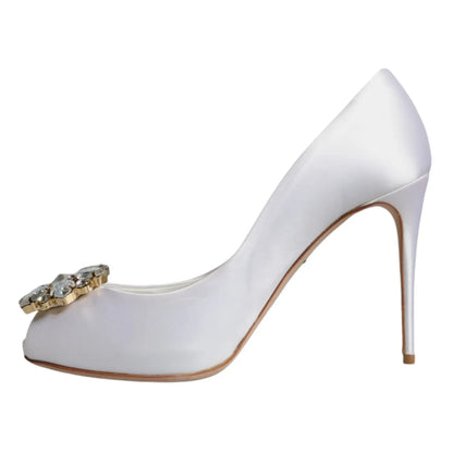 Dolce & Gabbana White Crystals Peep Toe Satin Pumps Shoes Dolce & Gabbana