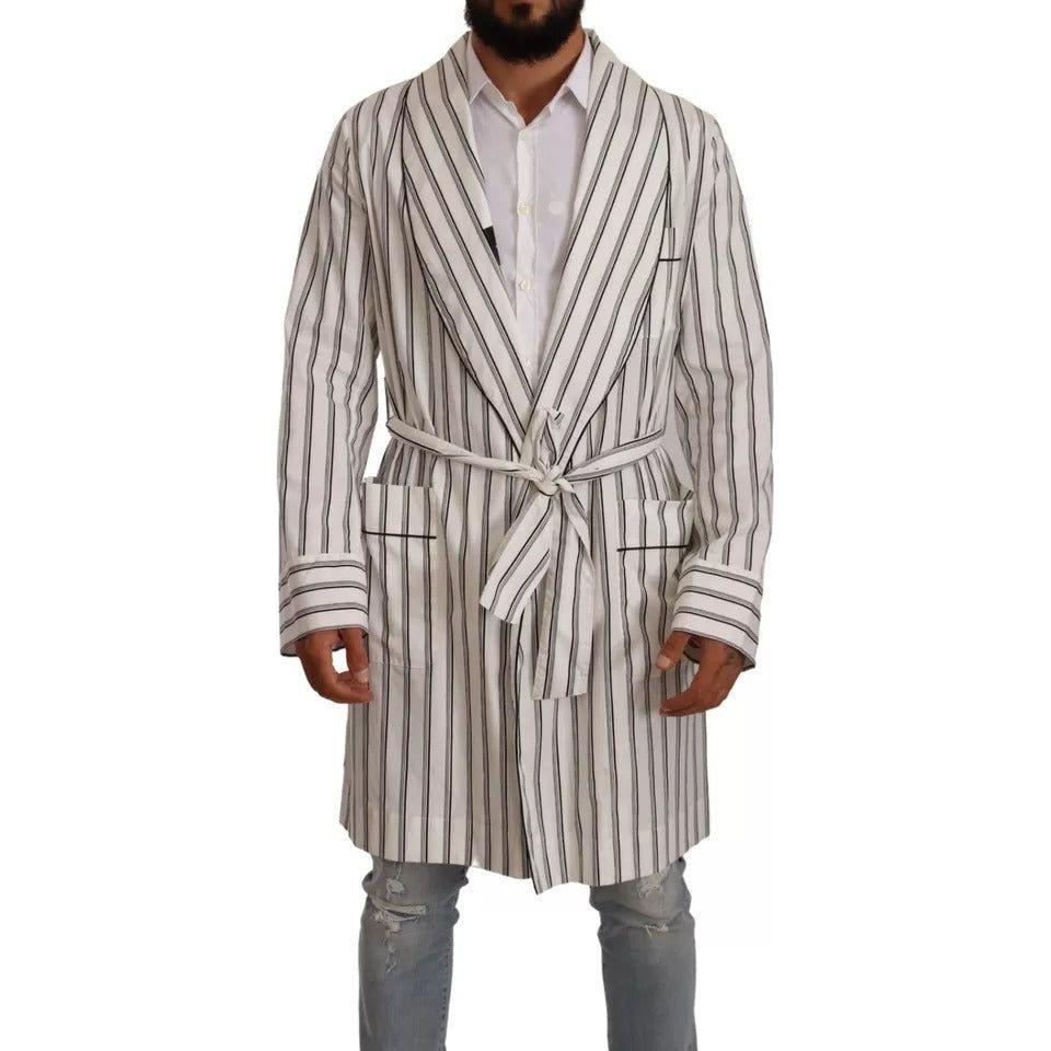 Dolce & Gabbana White Striped Cotton Robe Coat Wrap Jacket 1728,67345645728,Clothing,Dolce & Gabbana,IT48 | M,Jackets - Men - Clothing,Material: 100% Cotton,Men,Preowned / Defect,Robes - Sleepwear - Clothing,Sleepwear - Clothing,White