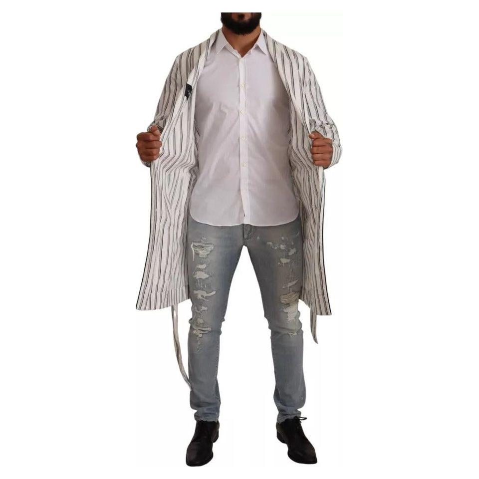 Dolce & Gabbana White Striped Cotton Robe Coat Wrap Jacket 1728,67345645728,Clothing,Dolce & Gabbana,IT48 | M,Jackets - Men - Clothing,Material: 100% Cotton,Men,Preowned / Defect,Robes - Sleepwear - Clothing,Sleepwear - Clothing,White