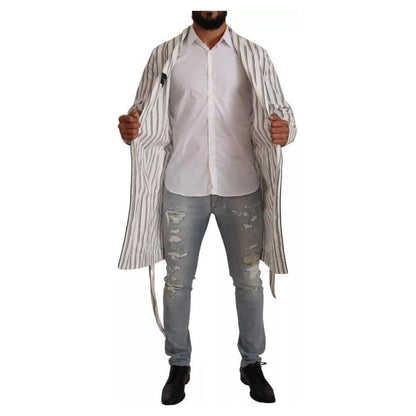 Dolce & Gabbana White Striped Cotton Robe Coat Wrap Jacket 1728,67345645728,Clothing,Dolce & Gabbana,IT48 | M,Jackets - Men - Clothing,Material: 100% Cotton,Men,Preowned / Defect,Robes - Sleepwear - Clothing,Sleepwear - Clothing,White