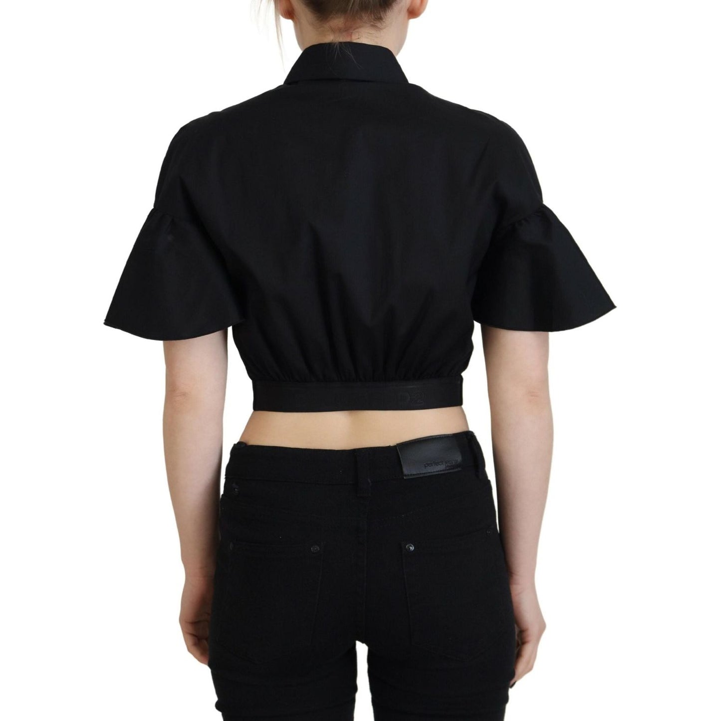 Dsquared² Black Collared Button Down Short Sleeve Cropped Top 1728,67345645728,Black,Clothing,Dsquared²,IT38 | XS,Material: 97% Cotton 3% Elastane,Preowned / Defect,T-Shirts - Clothing,T-Shirts - T-Shirts - Clothing,Tops & T-Shirts - Women - Clothing,Wome