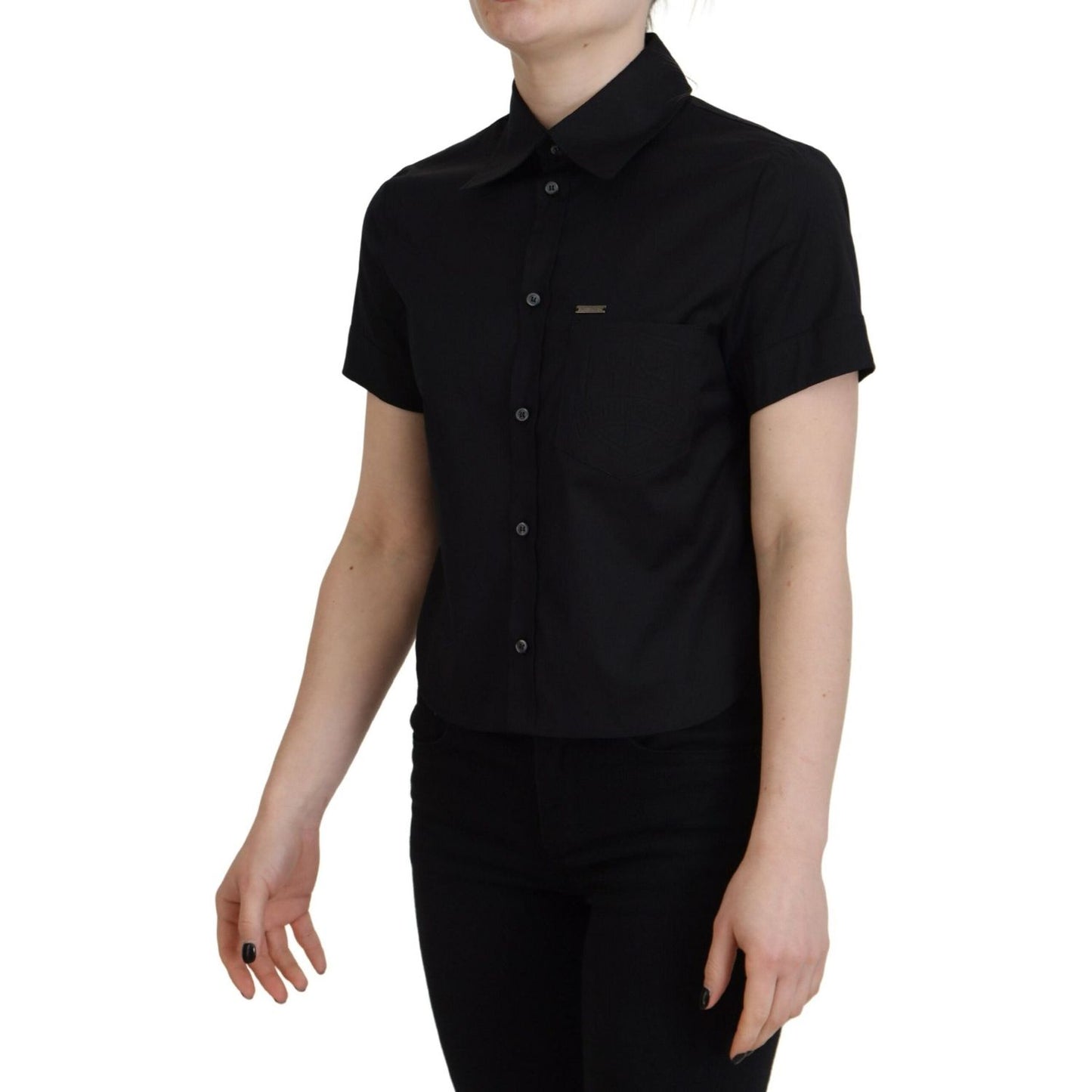 Dsquared² Black Collared Button Down Short Sleeves Polo Top 1728,67345645728,Black,Clothing,Dsquared²,IT38 | XS,Material: 97% Cotton 3% Elastane,Polo Shirts - T-Shirts - Clothing,Preowned / Defect,T-Shirts - Clothing,Tops & T-Shirts - Women - Clothing,Wom