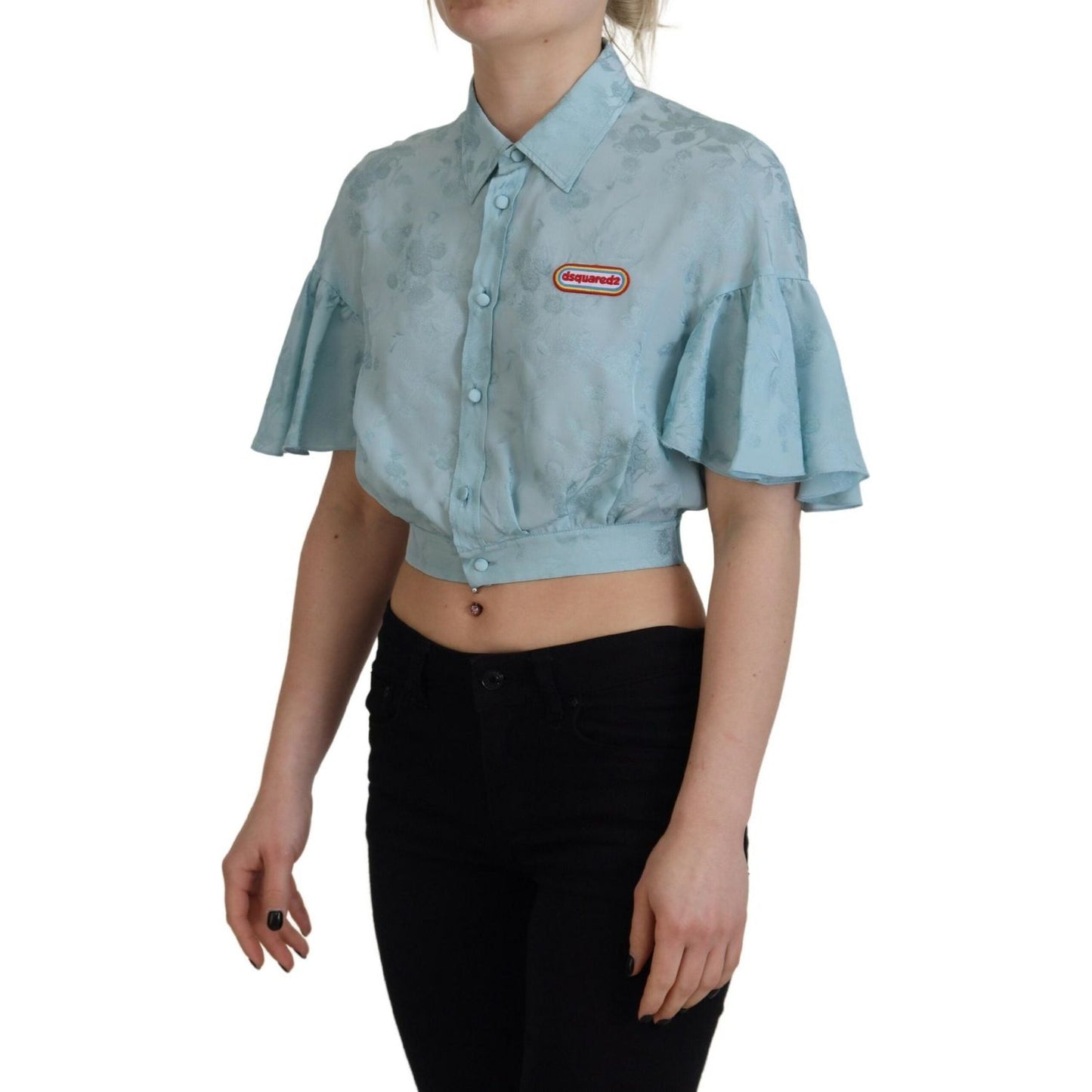 Dsquared² Blue Collared Button Down Short Sleeve Cropped Top 1728,67345645728,Clothing,Dsquared²,IT38 | XS,Light Blue,Material: 97% Cotton 3% Elastane,Preowned / Defect,T-Shirts - Clothing,T-Shirts - T-Shirts - Clothing,Tops & T-Shirts - Women - Clothing,