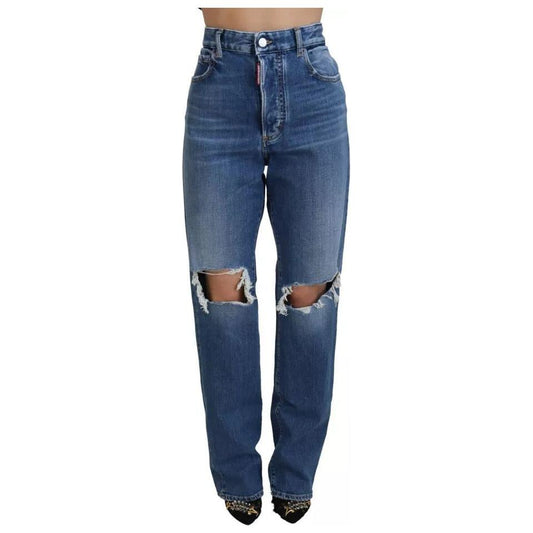 Dsquared² Blue Distressed High Waist Straight Denim Jeans 1728,67345645728,Blue,Clothing,Dsquared²,IT38 | XS,Jeans & Pants - Women - Clothing,Jeans Denim - Clothing,Material: 99% Cotton 1% Elastane,Preowned / Defect,Straight-Leg Jeans - Jeans Denim - Clot