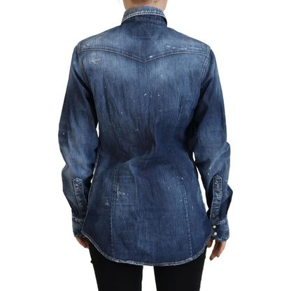Dsquared² Blue Washed Cotton Button Down Collared Denim Shirt 1728,67345645728,Blue,Clothing,Denim - Shirts - Clothing,Dsquared²,IT38 | XS,Material: 98% Cotton 2% Elastane,Preowned / Defect,Shirts - Clothing,Shirts - Women - Clothing,Women