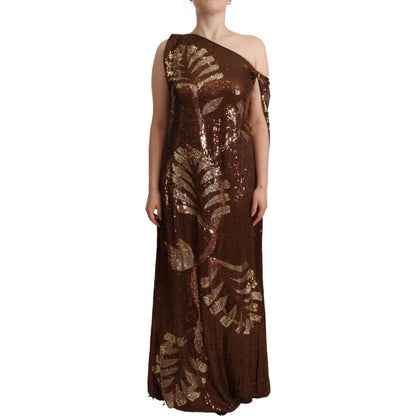 Dsquared² Brown Leaf Sequined Shift One Shoulder Long Dress 1728,67345645728,Brown,Clothing,Dresses - Clothing,Dresses - Women - Clothing,Dsquared²,IT40|S,Long - Dresses - Clothing,Longsleeve - Dresses - Clothing,Polyester,Preowned / Defect,Women