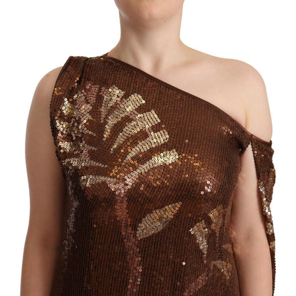 Dsquared² Brown Leaf Sequined Shift One Shoulder Long Dress 1728,67345645728,Brown,Clothing,Dresses - Clothing,Dresses - Women - Clothing,Dsquared²,IT40|S,Long - Dresses - Clothing,Longsleeve - Dresses - Clothing,Polyester,Preowned / Defect,Women