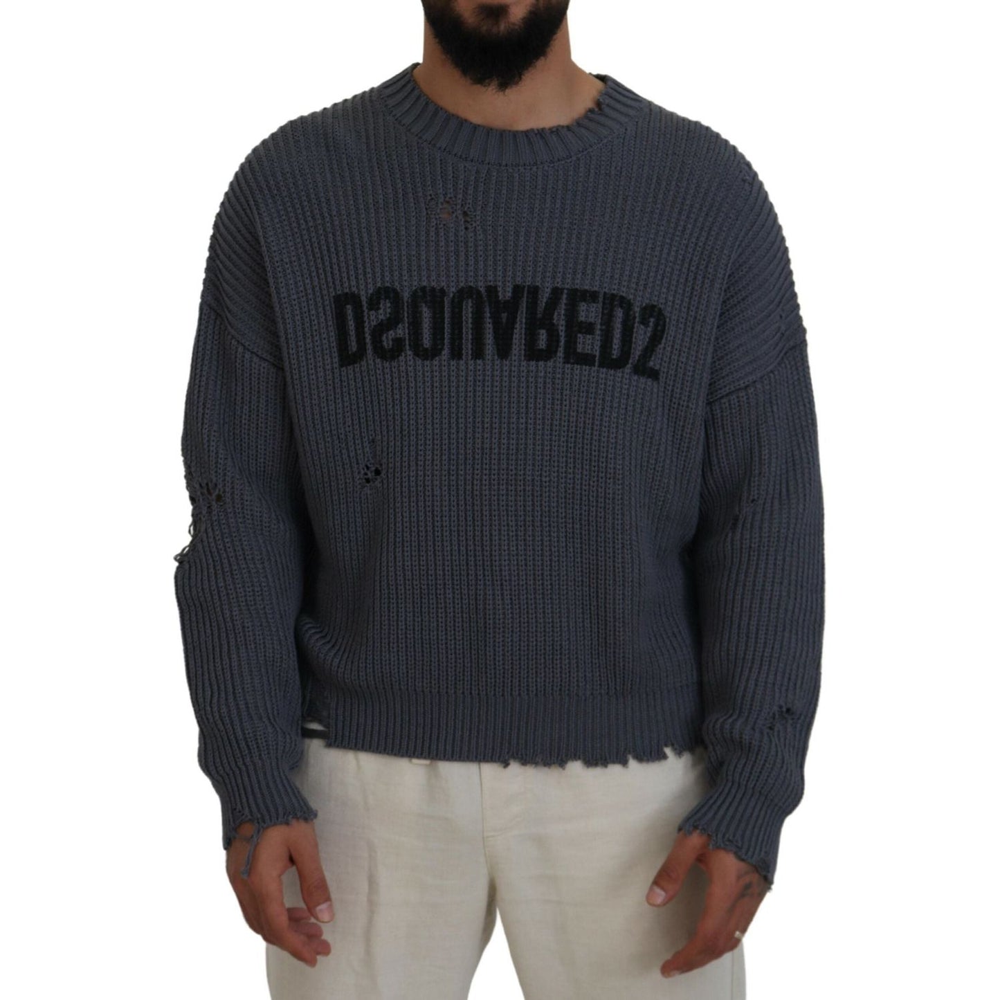 Dsquared² Gray Men Tattered Knitted Pullover Sweater 1728,67345645728,Clothing,Dsquared²,Gray,IT48 | M,Material: 100% Cotton,Men,Preowned / Defect,Sweaters - Clothing,Sweaters - Men - Clothing,Sweatshirts - Sweaters - Clothing